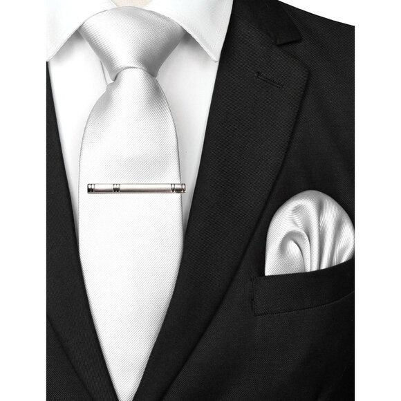 Men's White 2 Colour Formal Necktie and Pocket Square Tie Clip Sets - Picture 2 of 3